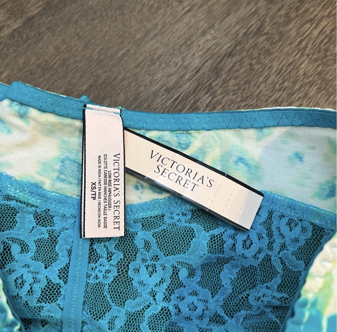 NWT Vintage Victoria’s Secret Blue Tie Dye Ruched Lace Back Hiphugger Panties XS
