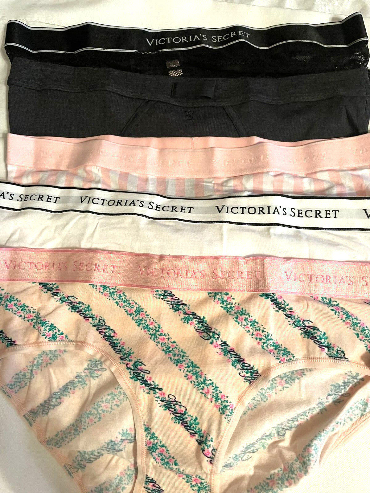 VICTORIA SECRET 5-Pack Logo Hip hugger Panties Women’s L Floral Lace Pink NWT