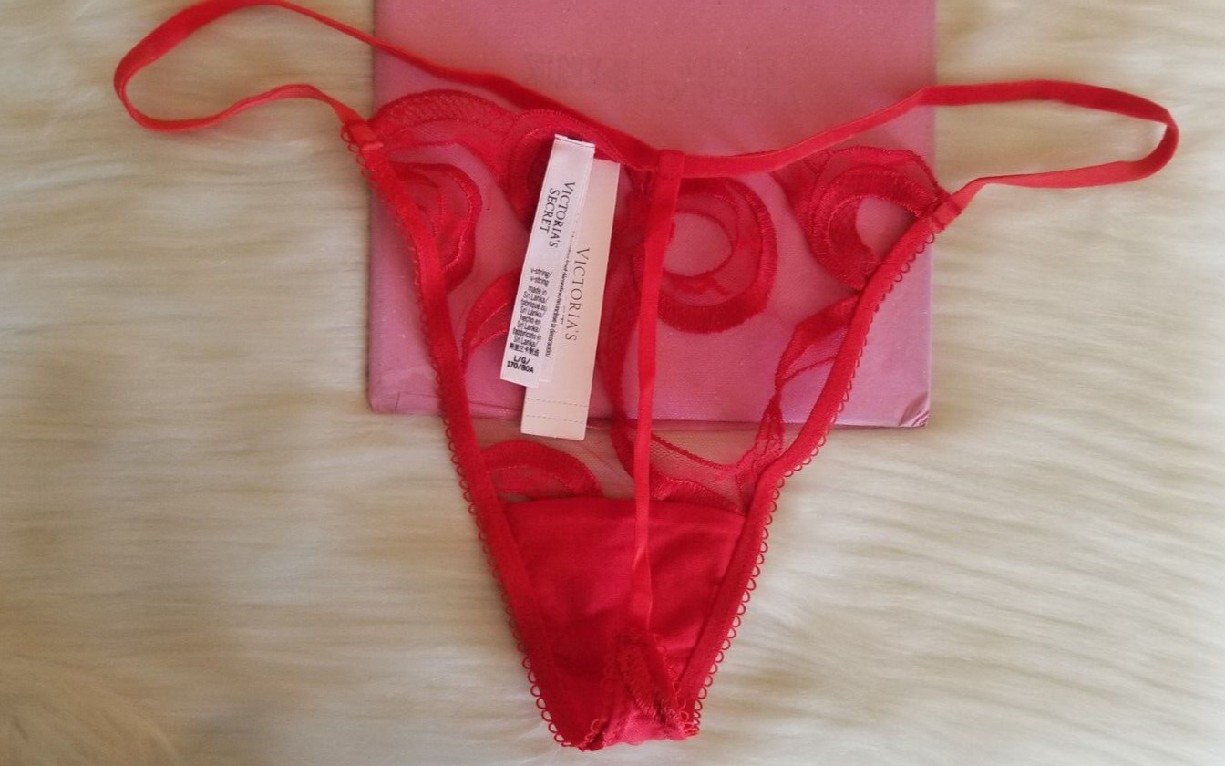 VICTORIA’S SECRET BOW EMBROIDERY V-STRING THONG PANTY LARGE VERMILLION RED NWT