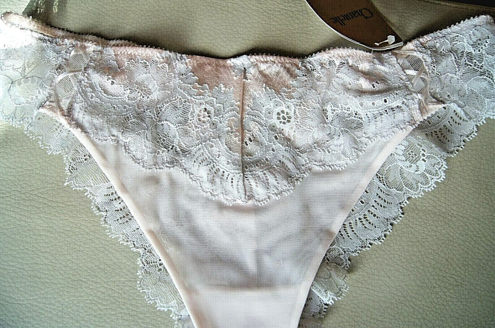 Chantelle Peach/Grey “Haut Couture” Lace/Brocade Tanga Style 3429/8E