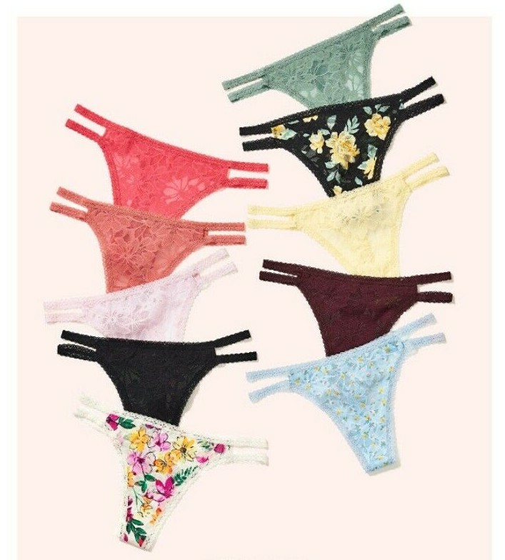 Victorias Secret All LACE Floral THONG Panty SEXY Strappy NWT Double Strap PINK