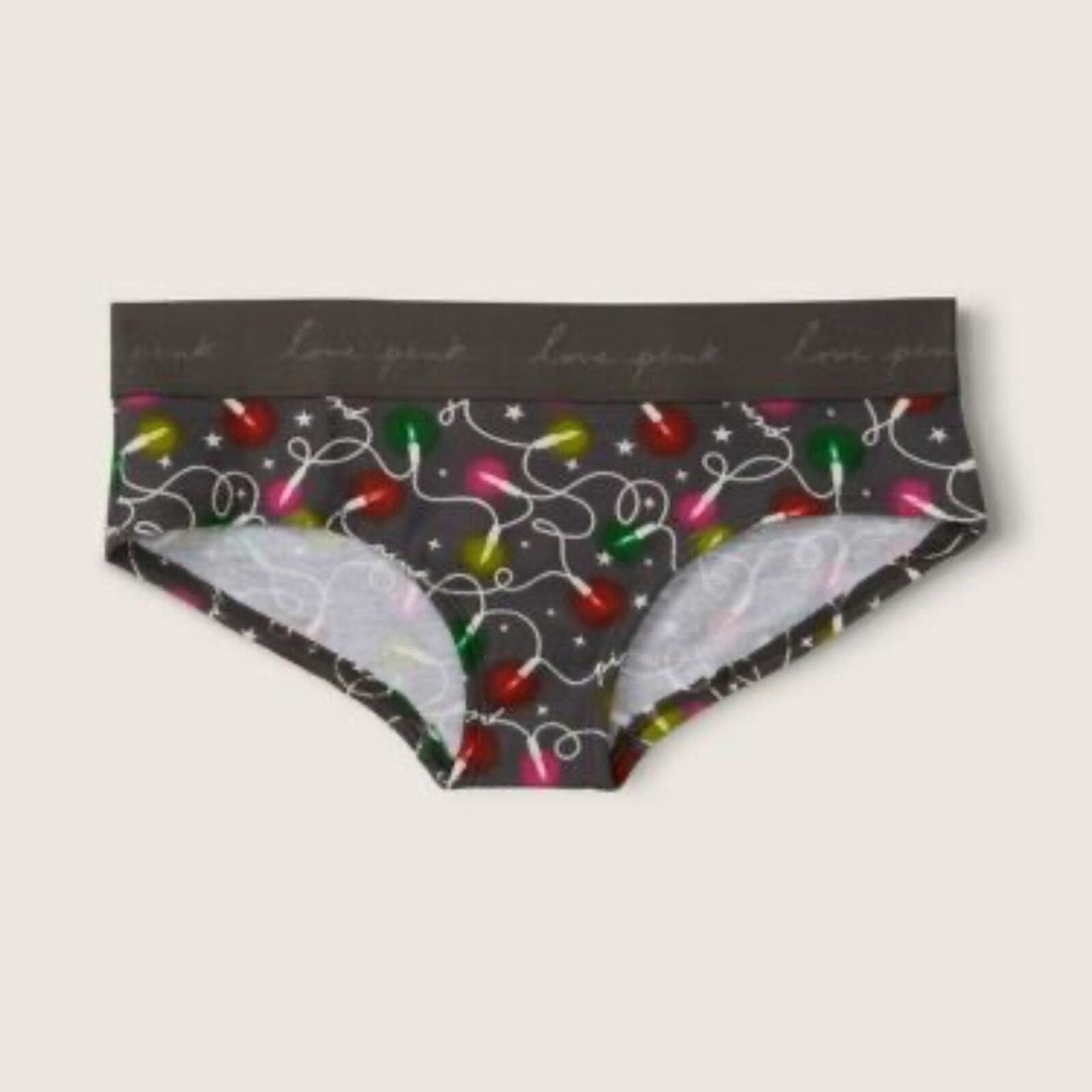 Victoria’s Secret PINK Logo Script Hipster Panty Gray Christmas Lights L NEW