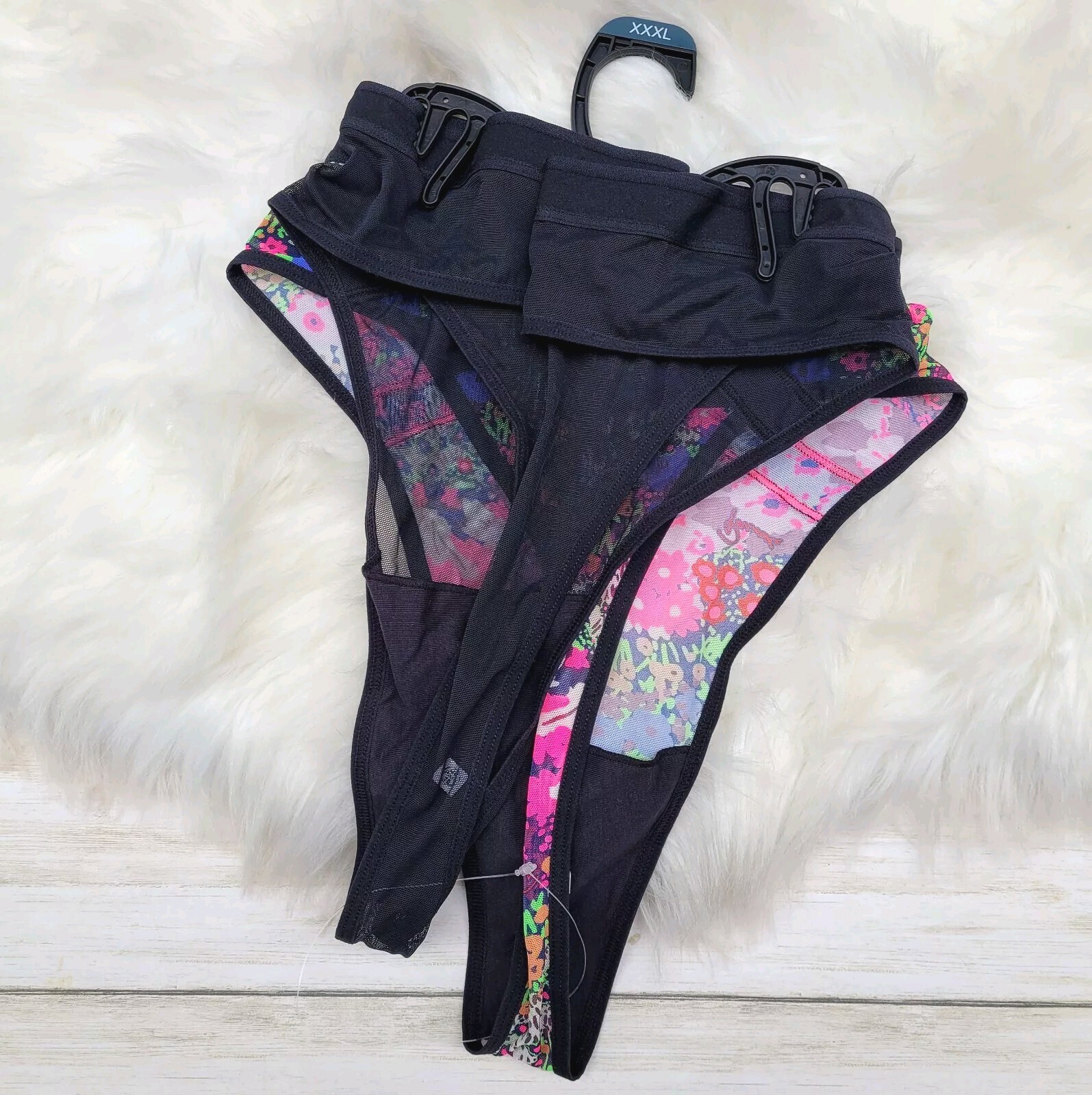Parade Mesh Strappy Thong Underwear, 2-Pack Panties Black Floral Womens Plus 3XL