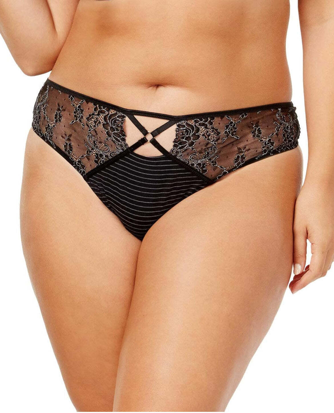 Ashley Graham Plus Crisscross Keyhole Lace Thong Panty Black 1X NWT! $30