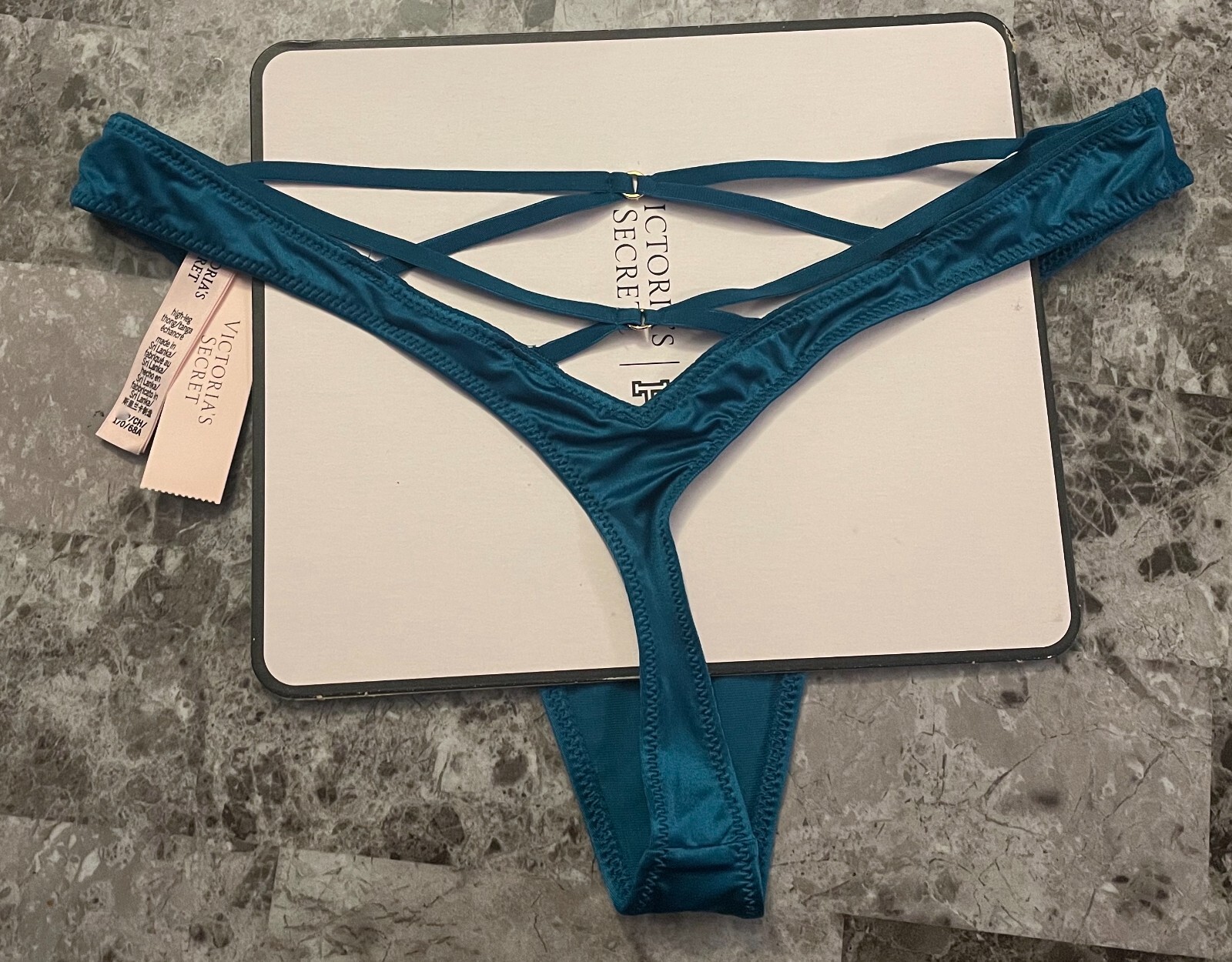 NWT VICTORIA’S SECRET TURQUOISE BLUE SATIN SMOOTH STRAPPY HIGH LEG THONG PANTIES