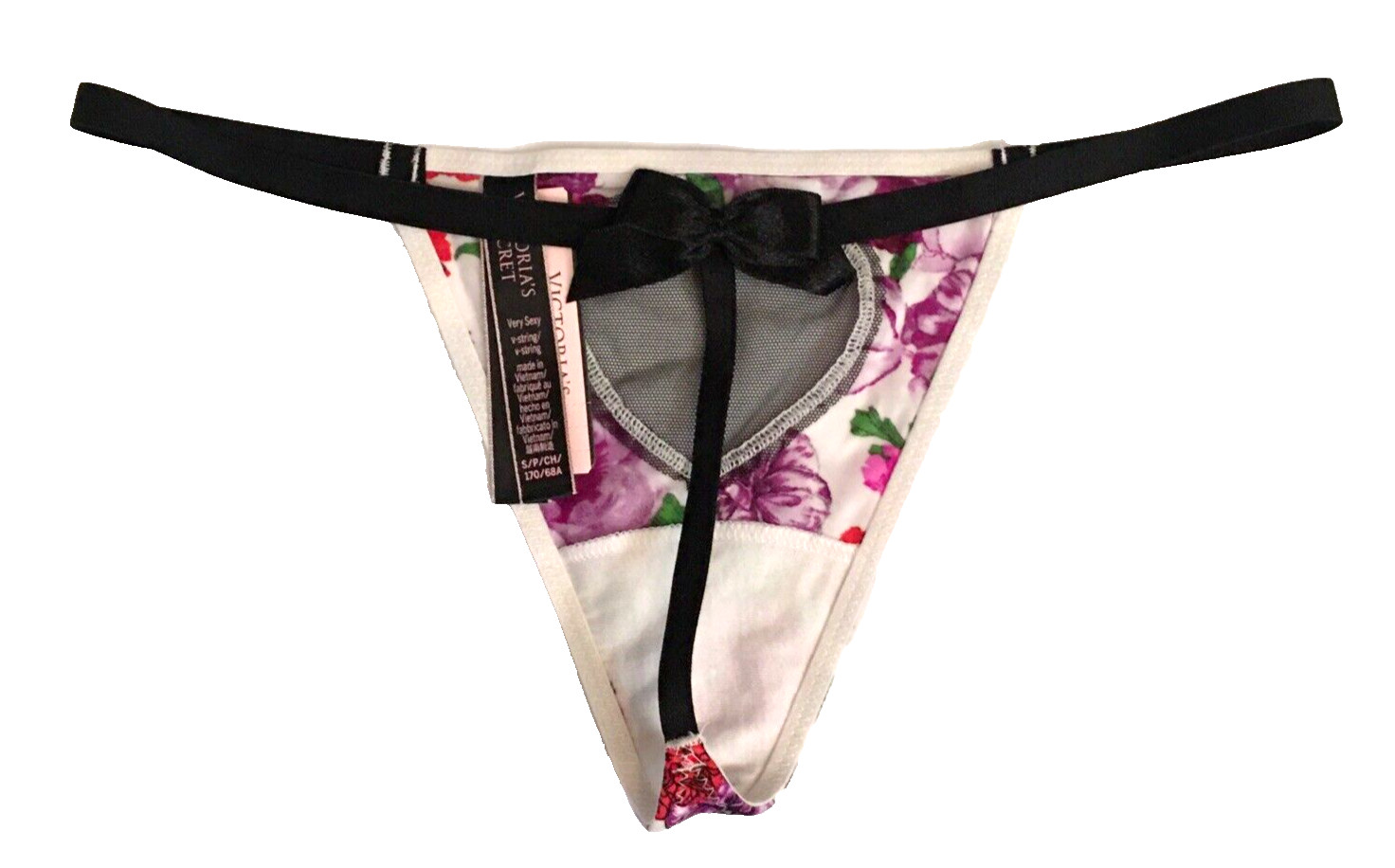 Victorias Secret Floral Mesh Heart V-String Thong Size S Cut-Out Sexy Bow Back