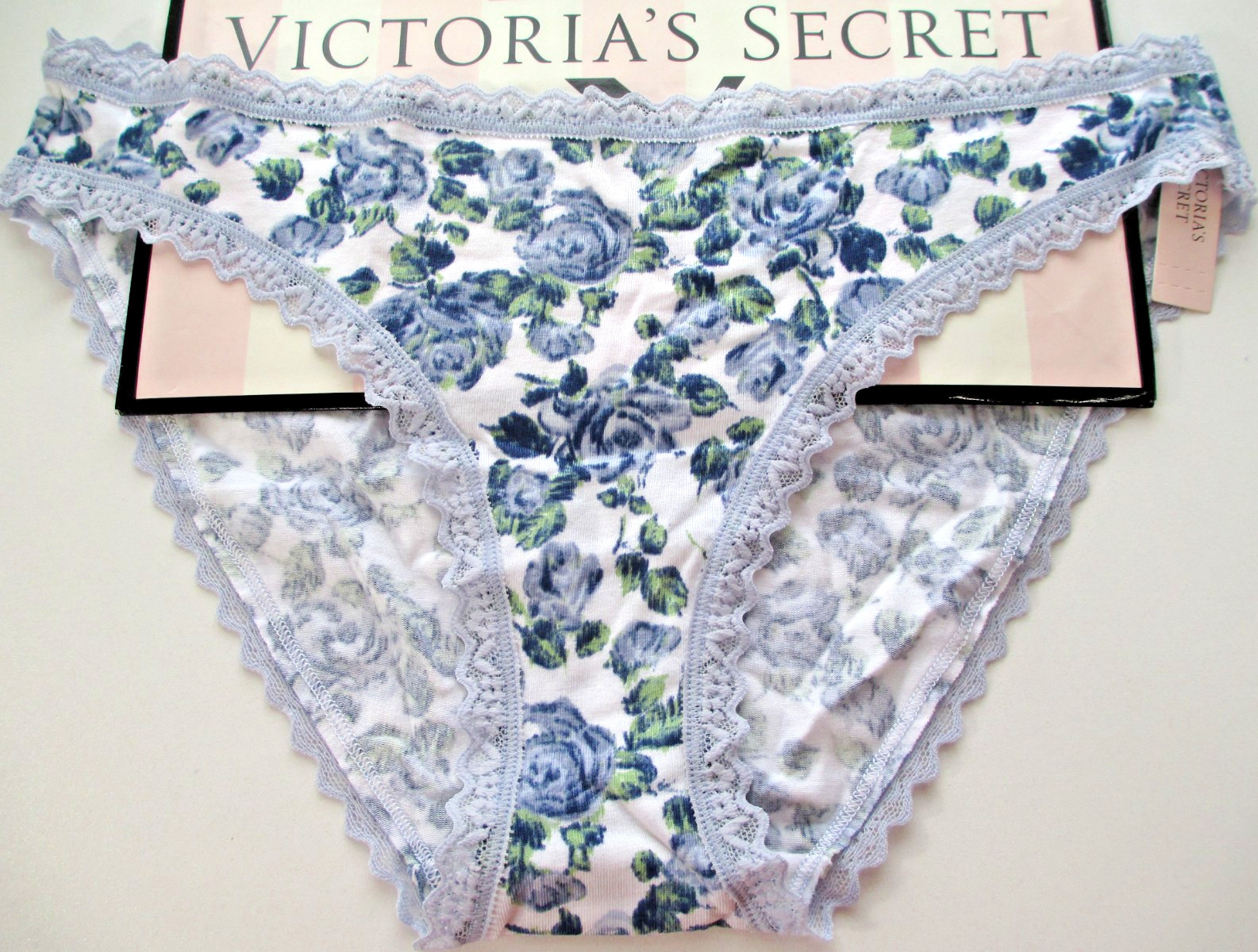 VICTORIA’S SECRET Cotton Bikini Panty S M L XL Blue NWT Floral VS Lace Trim