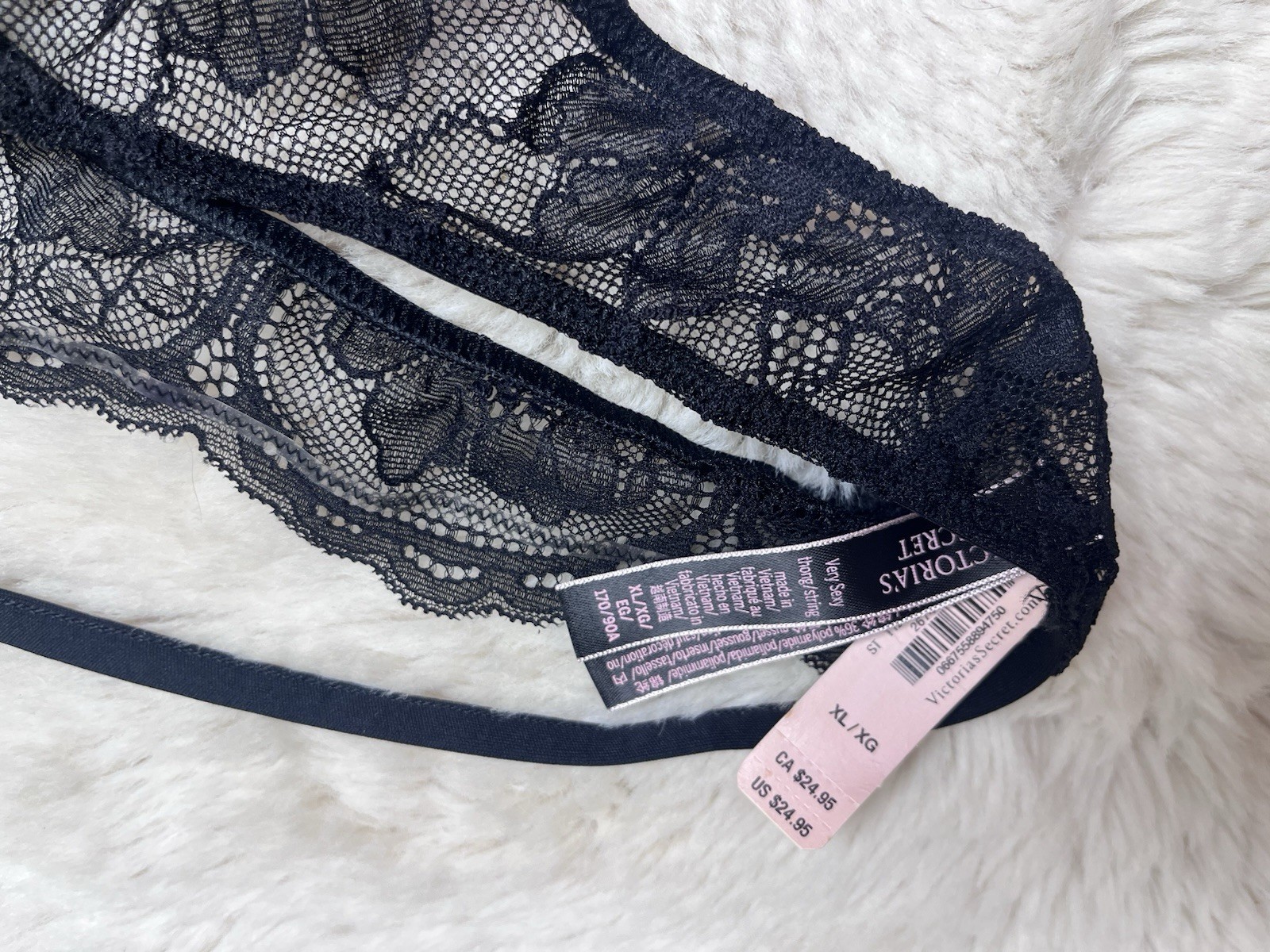 VICTORIA’S SECRET XL BLACK GOLD TRIM LACE V STRING STRAPPY THONG PANTIES NWT