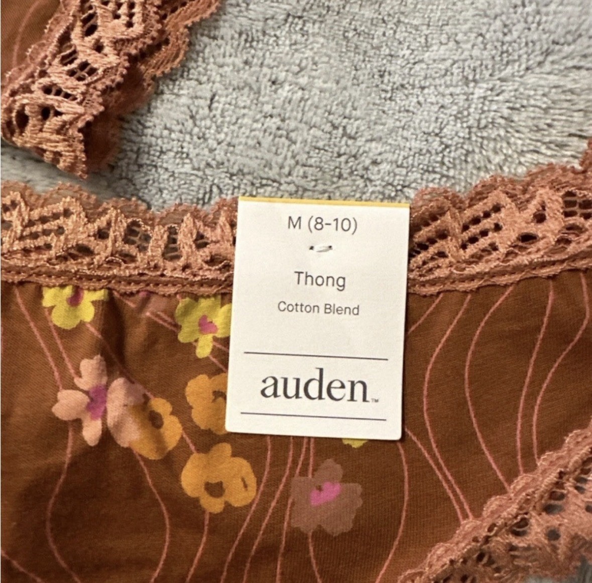 Auden Thong Panties Women Sz M 8-10 Brown Floral Cotton Underwear Lace Fall New