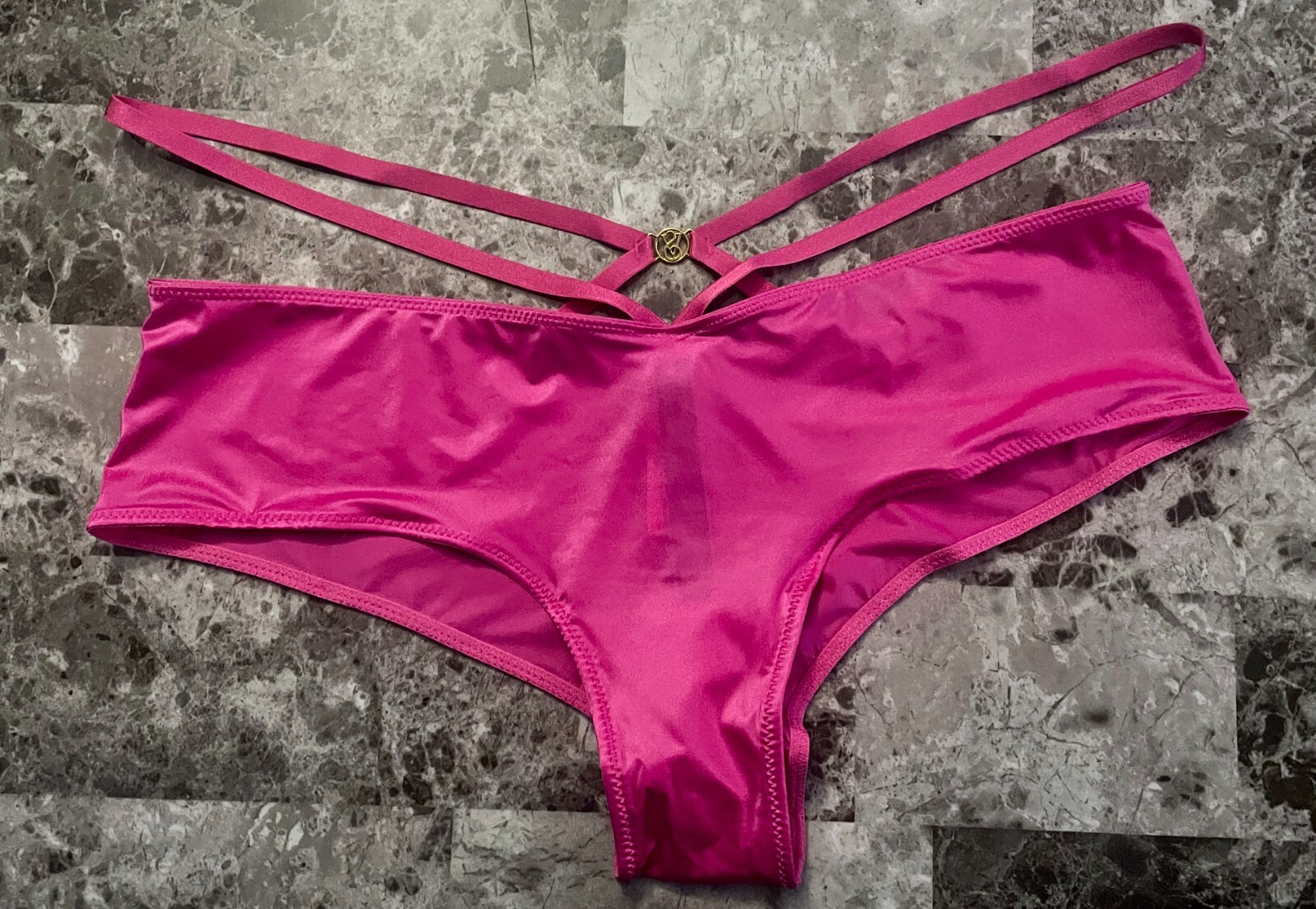 VICTORIA’S SECRET PINK SATIN SMOOTH LACE STRAPPY GOLD HARDWARE CHEEKY PANTIES