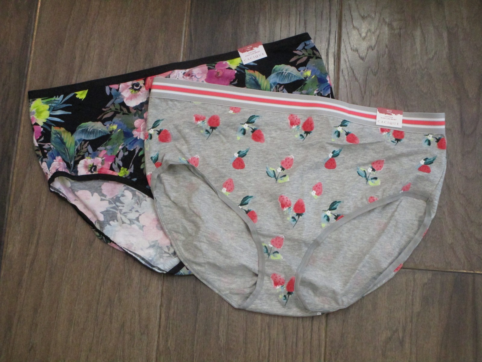 CACIQUE 2-PACK COTTON HIGH-LEG PANTIES BLACK FLORAL/GRAY STRAWBERRIES SIZE 18/20