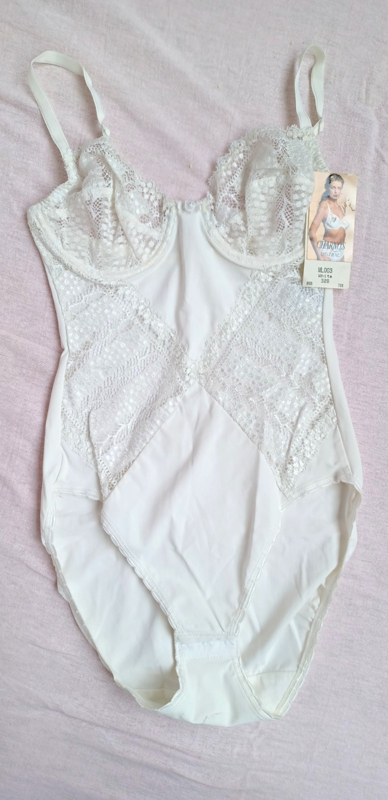 CHARNOS Lingerie Mistral Beautiful White Stretch Satin Lace Bodyshaper Size 32B
