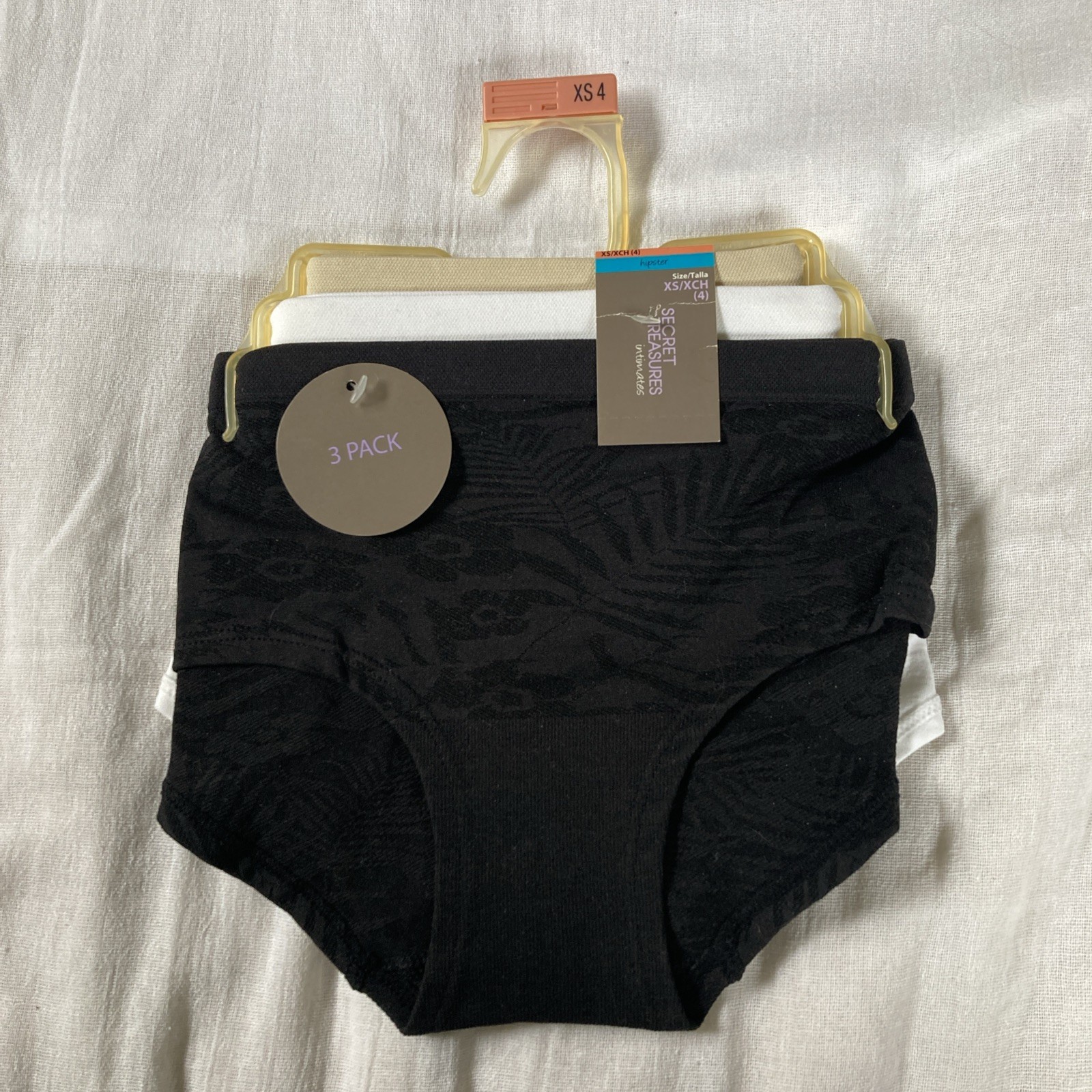 Secret Treasures XS 4 Hipster 3-Pack NOS Nylon Spandex Panties Black Beige White