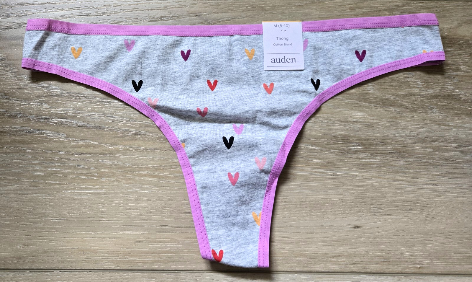 NWT Auden Intimates Heather Gray Multi Hearts Soft Cotton Blend Thong Panties M