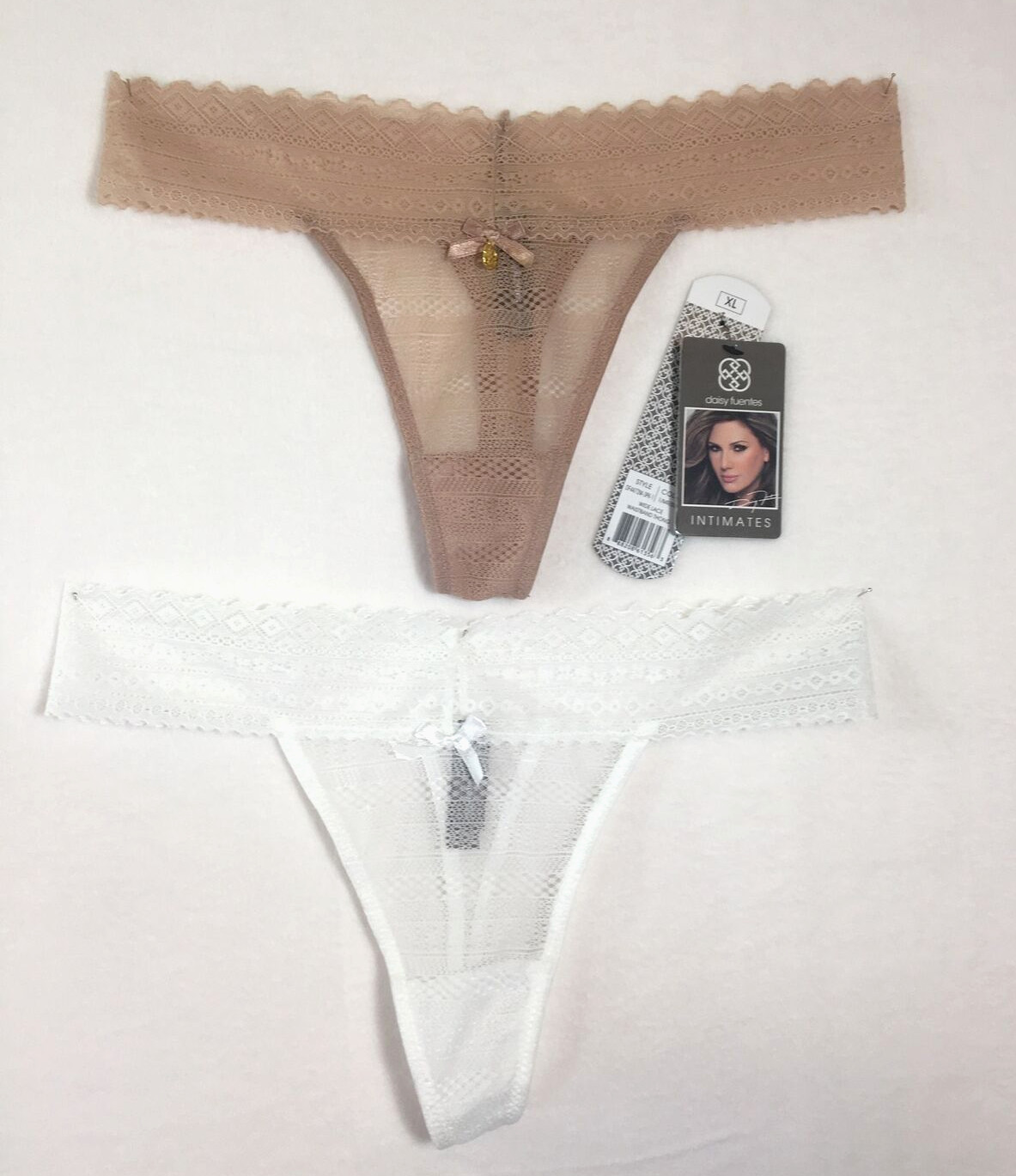 Daisy Fuentes 2 Pair Wide Lace Waistband Thong Panties XL White Tan Intimates