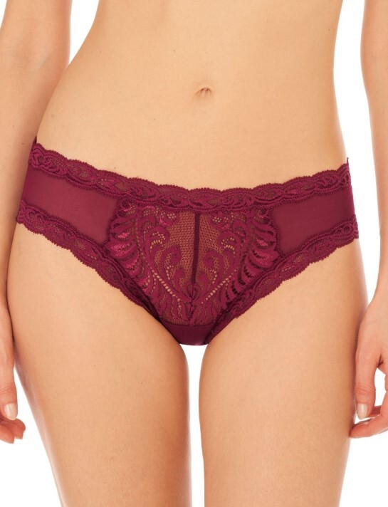 NWT NATORI 753023 “Feathers” Mesh w/Lace Hipster, Burgundy (“Crushed Velvet”)