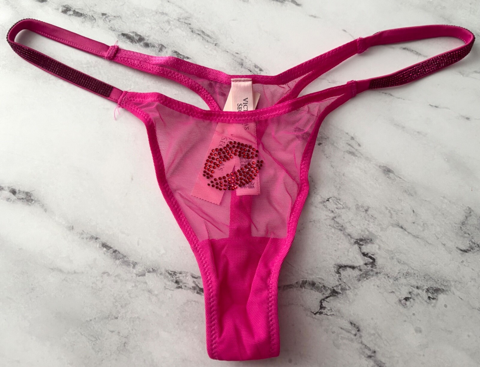 Victoria’s Secret Thong Panty Sexy Fuchsia Frenzy Mesh w/ Lips Shine Strap L XL