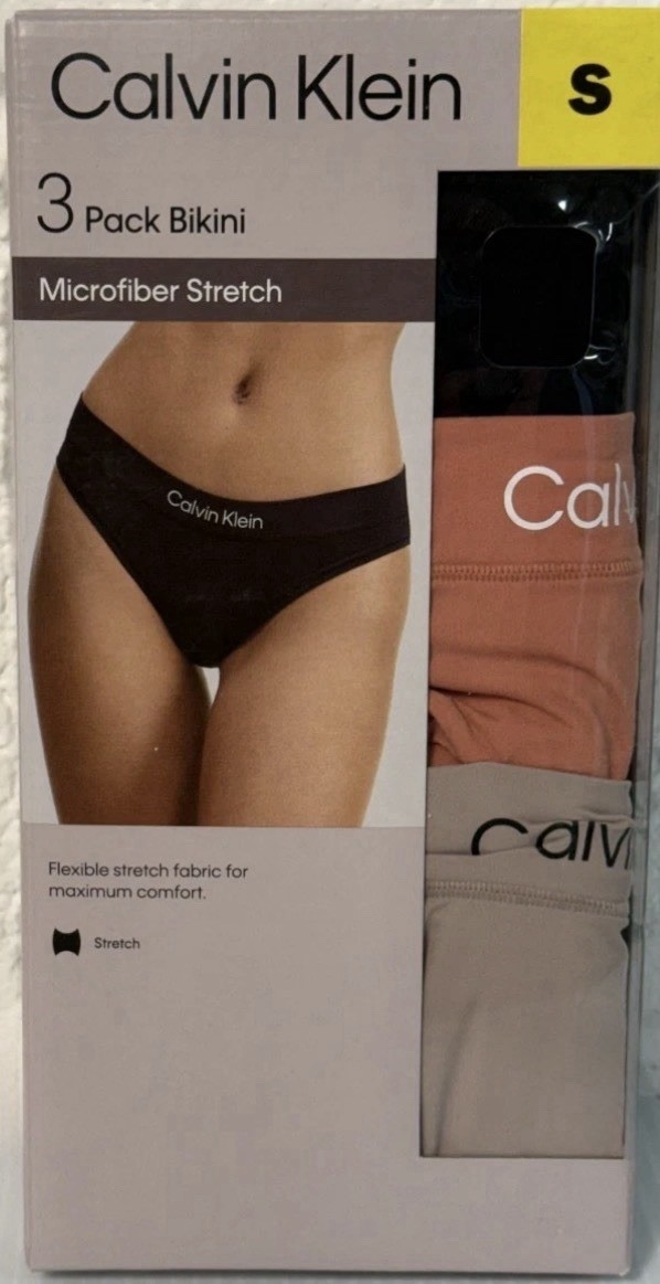 Calvin Klein Women’s S 4-6 Bikini Microfiber Panties 3-pack Black Tan Coral NEW