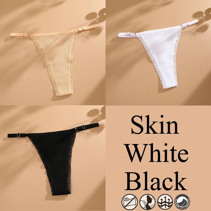 3pc Women Lace Thongs G-String Low Rise Panties Adjustable Waist Underwear