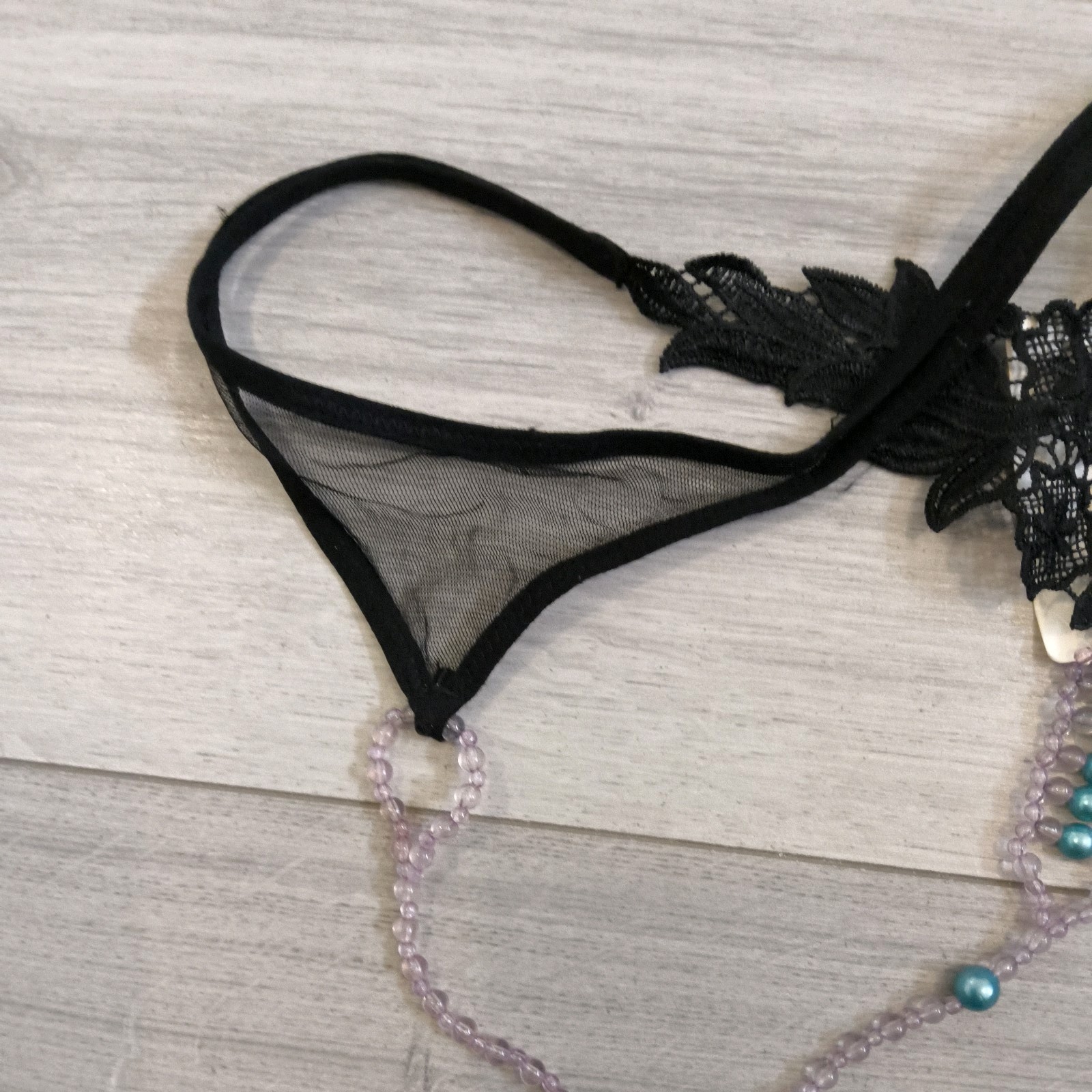 BNWT Bixtra Black Embroidered G String Thong Bead Chain Crotch Size 6-8