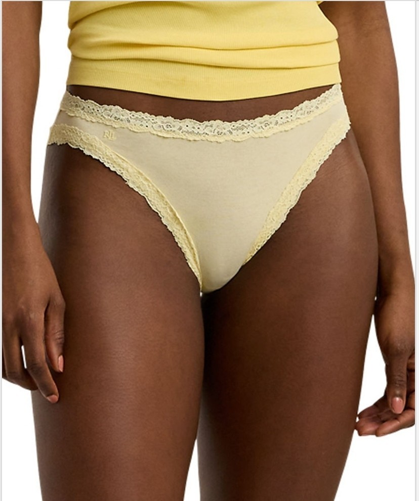 Lauren Ralph Lauren Women’s Cotton & Lace Jersey Bikini Brief Underwear Lemon L