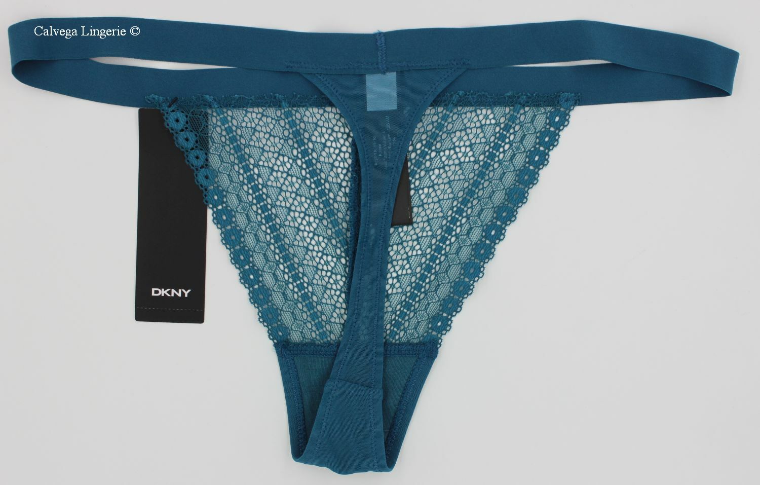 NWT DKNY DK8536 “Lace and Mesh” Low-Rise Lightweight String Thong, Dark Teal, L