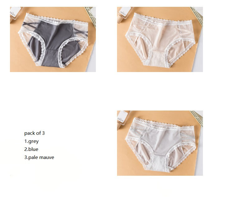 lace panties silk cotton grey + blue + rose dust pack of 3