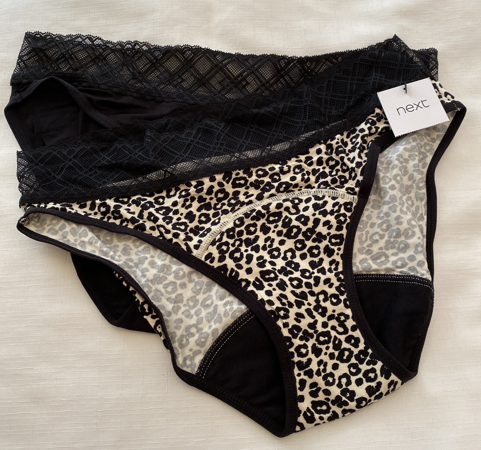 NEXT Period Pants Medium Flow – New Black / Animal Print Bikini Knickers Size 14