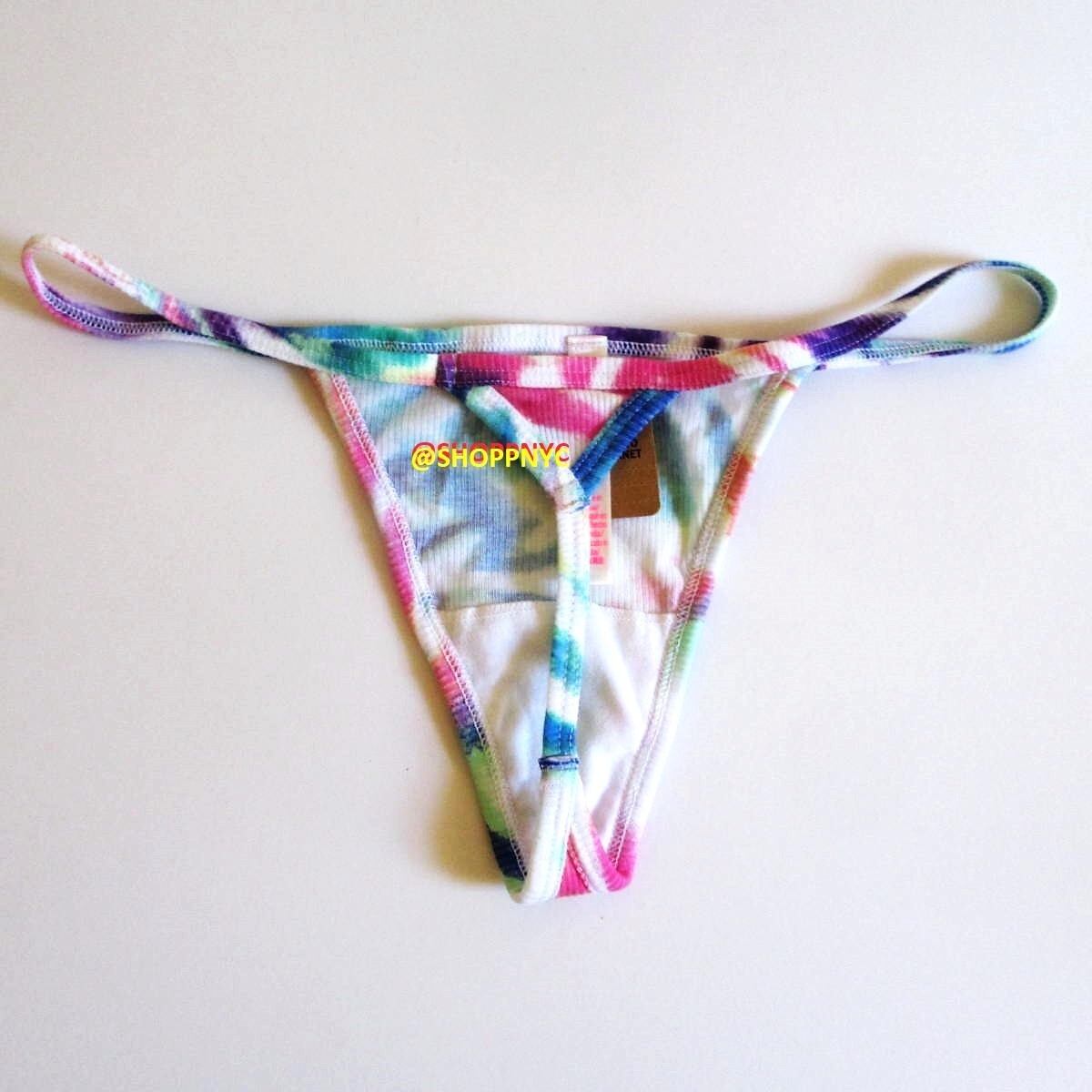 Victorias Secret PINK Cotton V-String Panty Thong S M L Ribbed White Tie Dye NWT
