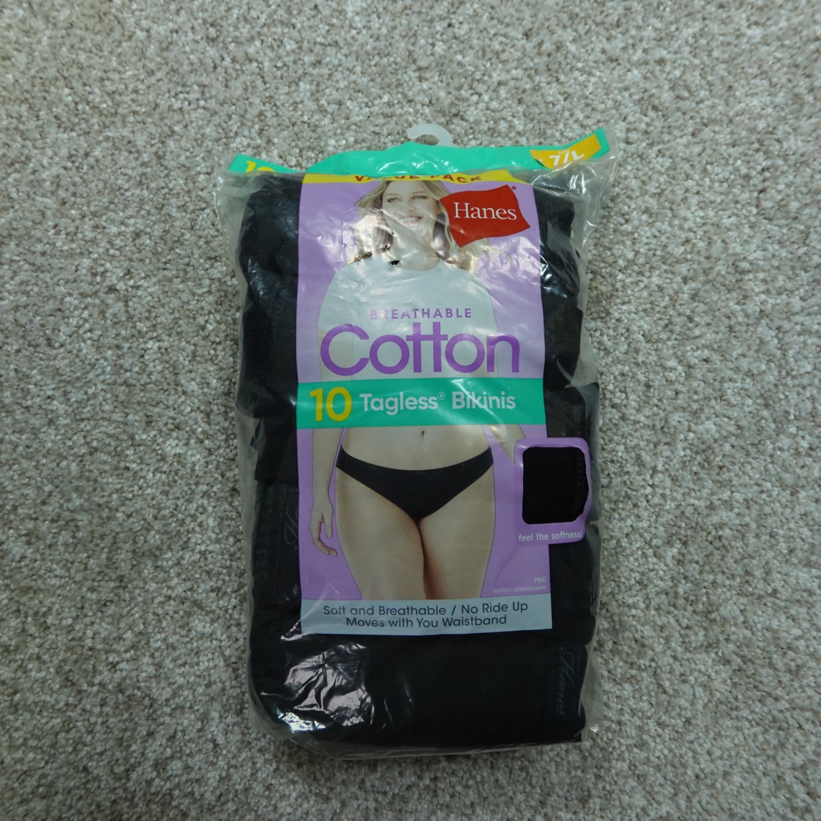 Hanes Underwear Womens 7 Large Black Bikinis Breathable Cotton 10 Pairs
