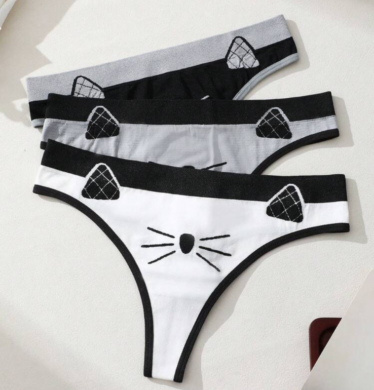 Women’s Kawaii Cartoon Cat Print Seamless Mid-Rise Thong Panty 3 Pack XL X-Large
