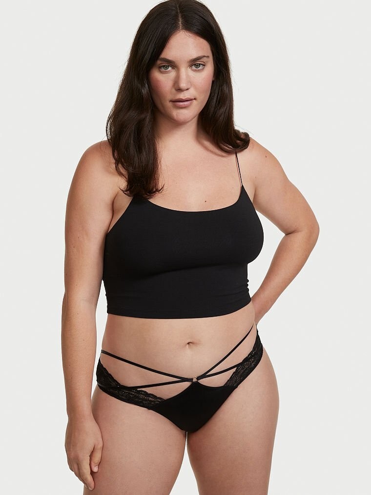L Dk NOIR Black Strappy Ring Satin Lace Very Sexy Cheeky Victorias Secret Panty