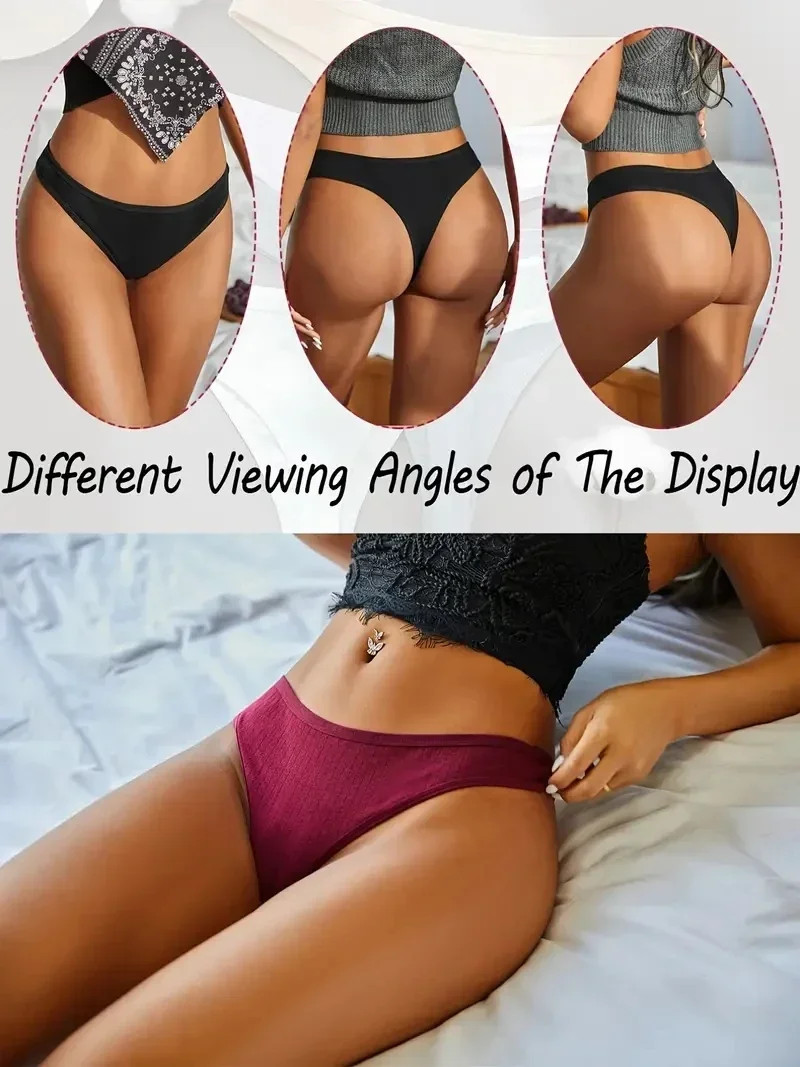 Low Rise Cotton Thong Panties Ribbed Stretch Breathable Soft Comfortable 6PCS