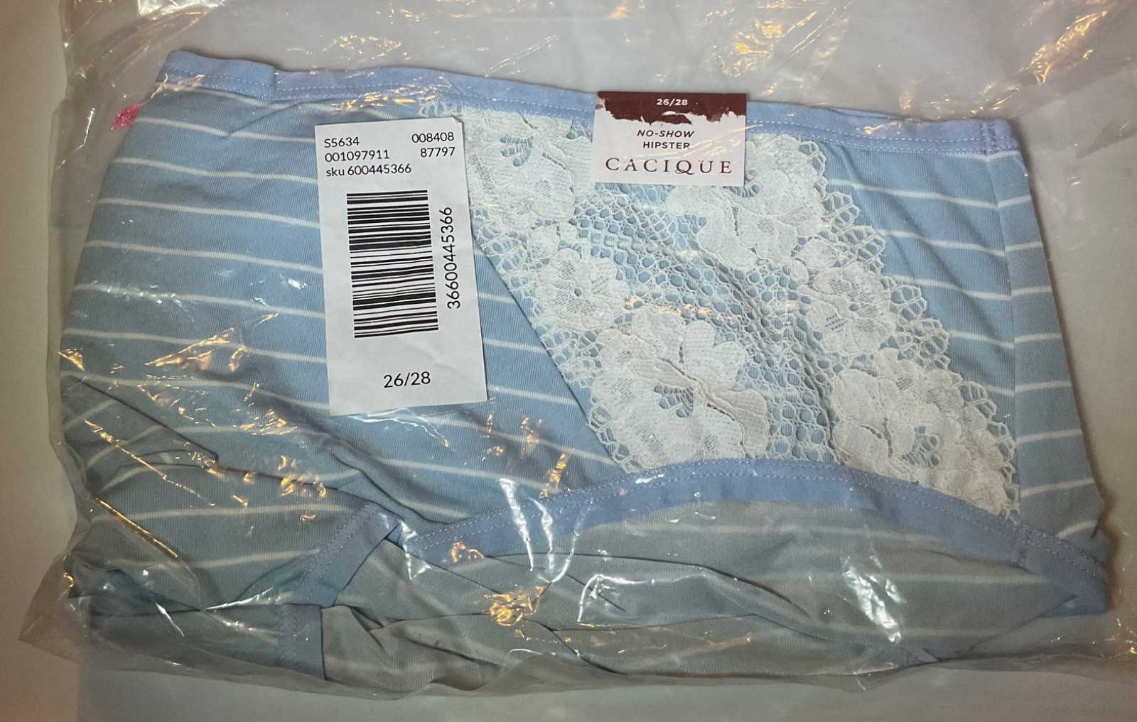 Lane Bryant Cacique panty light blue white pinstripe no show hipster lace trim