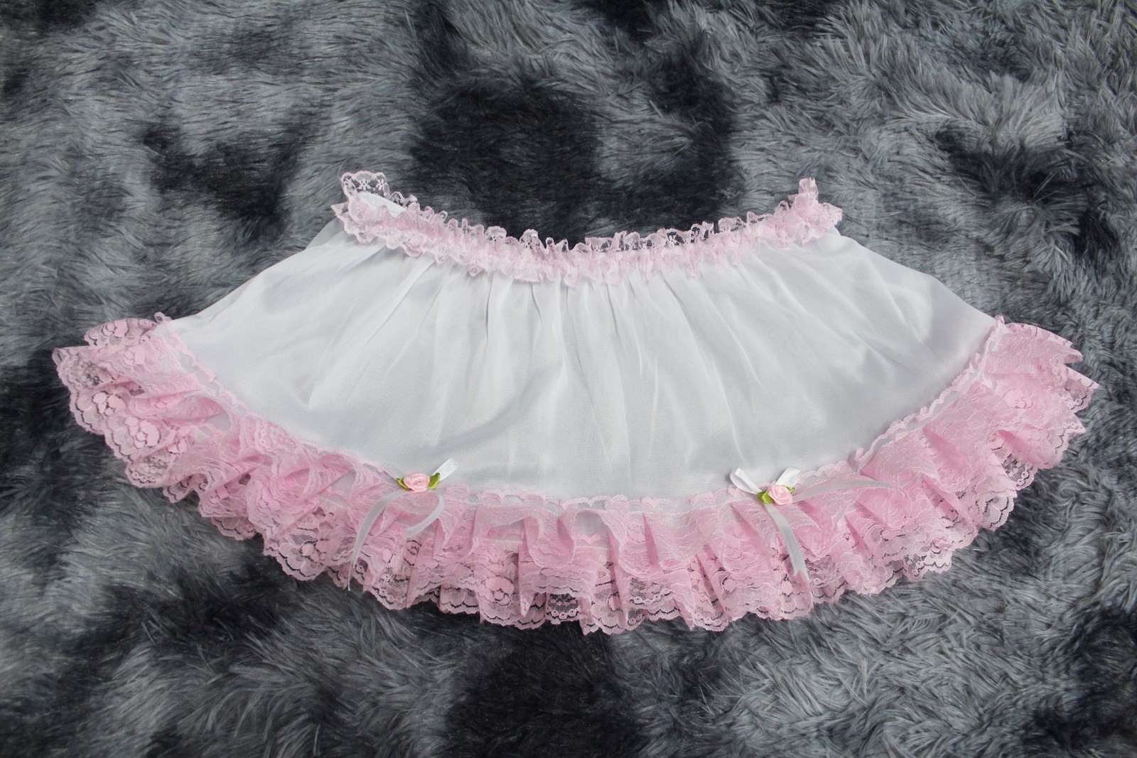 #A274 Vintage Style 2XL/ElasticW.24-42″ White Nylon Pink Lace Half Slip Length8″