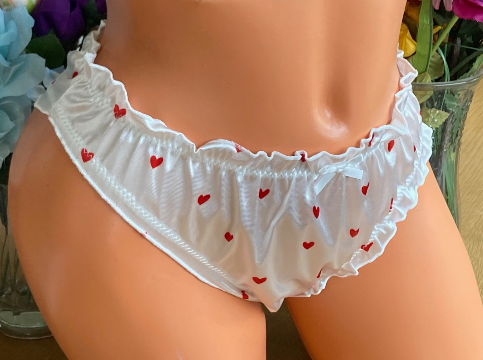 RED Hearts on White 8/XL Silky Second Skin SATIN Ruffled Hi Leg Cheeky Panties