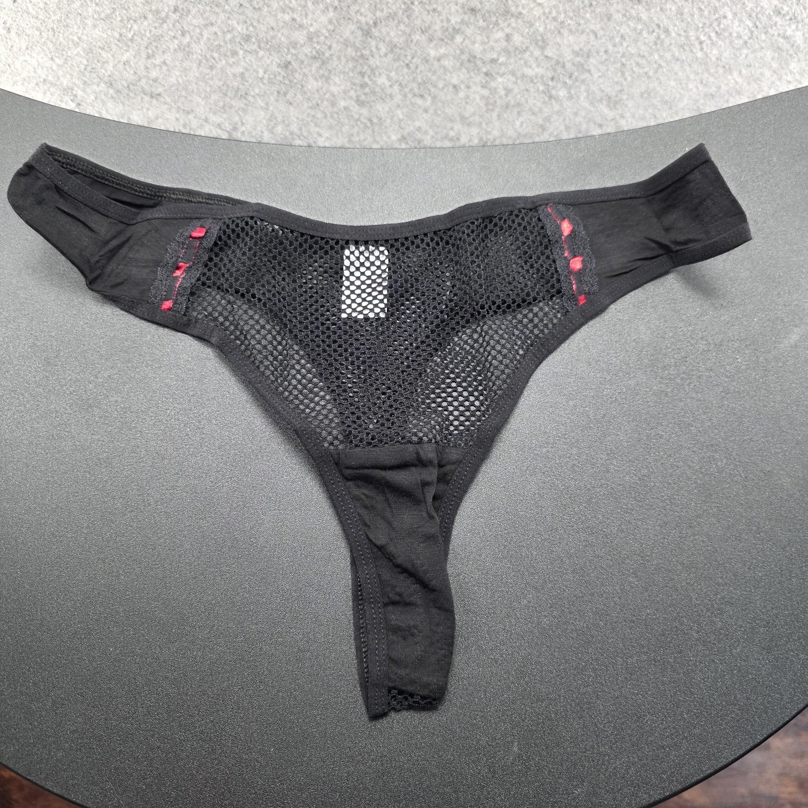 Knotty Panties Womens L Black Thong Mesh Sheer Stretch Lightweight Strap Spandex