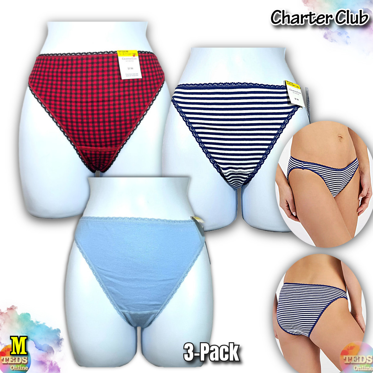 NWT Charter Club Women’s M Hi-Leg Bikini Panties 3-Pack, Gingham, Stripe, Blue