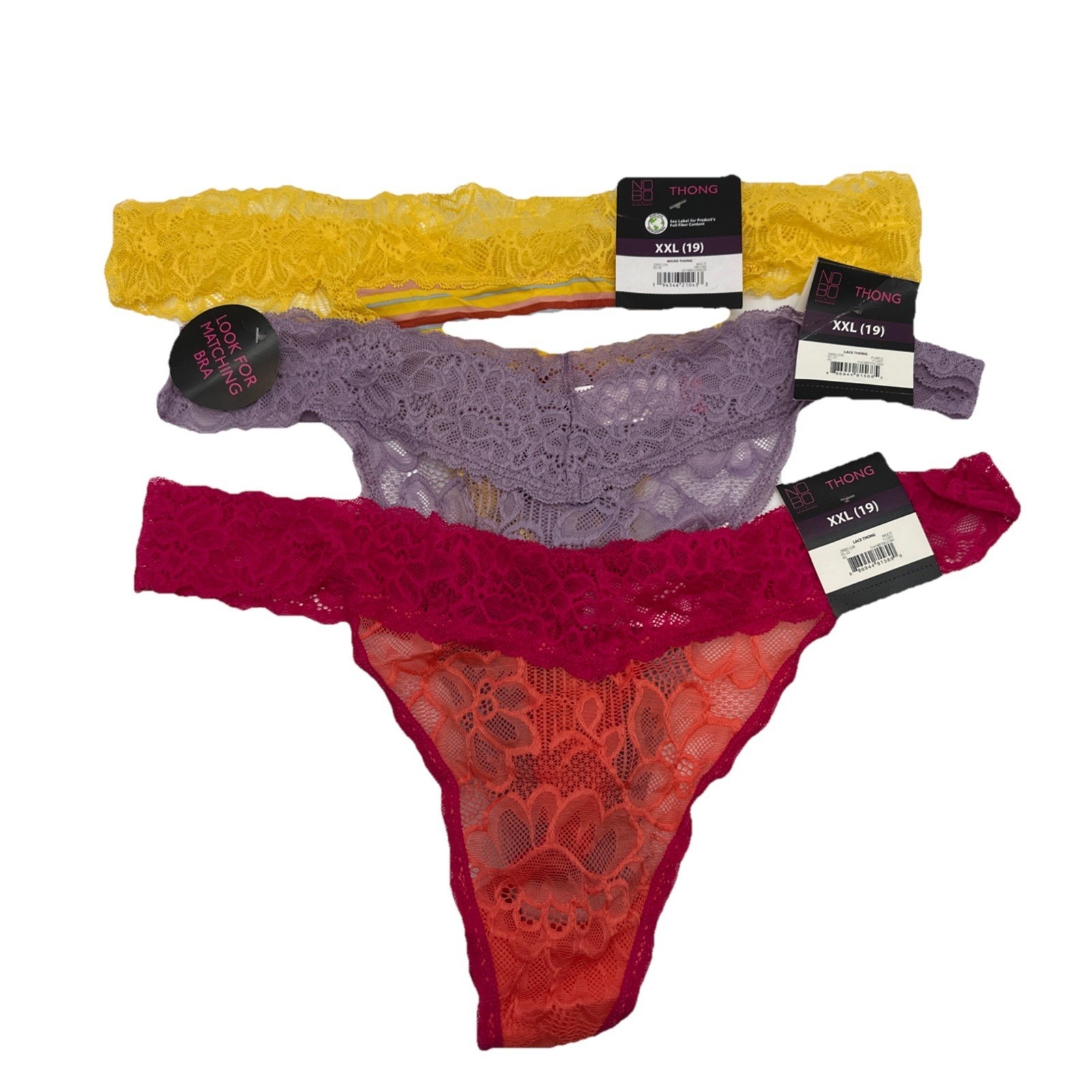 NOBO No Boundaries XXL(19) Set Of 3 Thong Panties Lace, Pink/orange Purple Yello