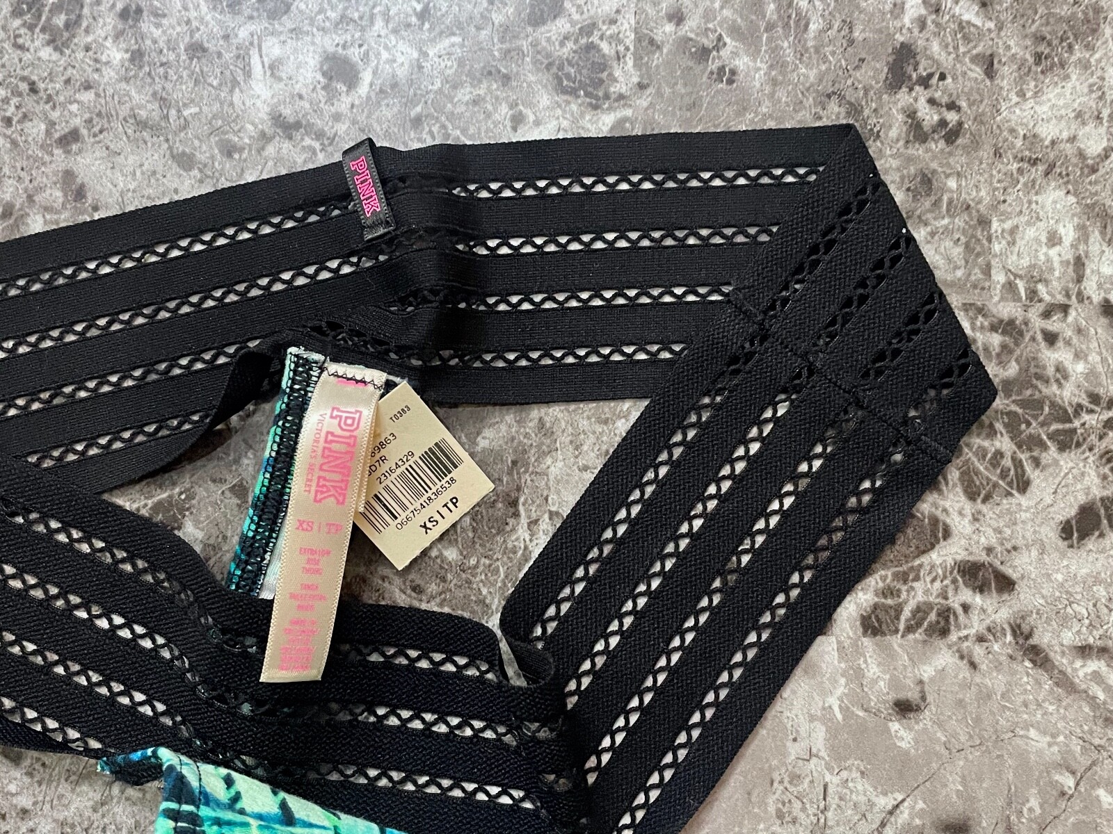 NWT VICTORIA’S SECRET PINK XS BLUE GREEN PALM NETTED BAND RARE THONG PANTIES