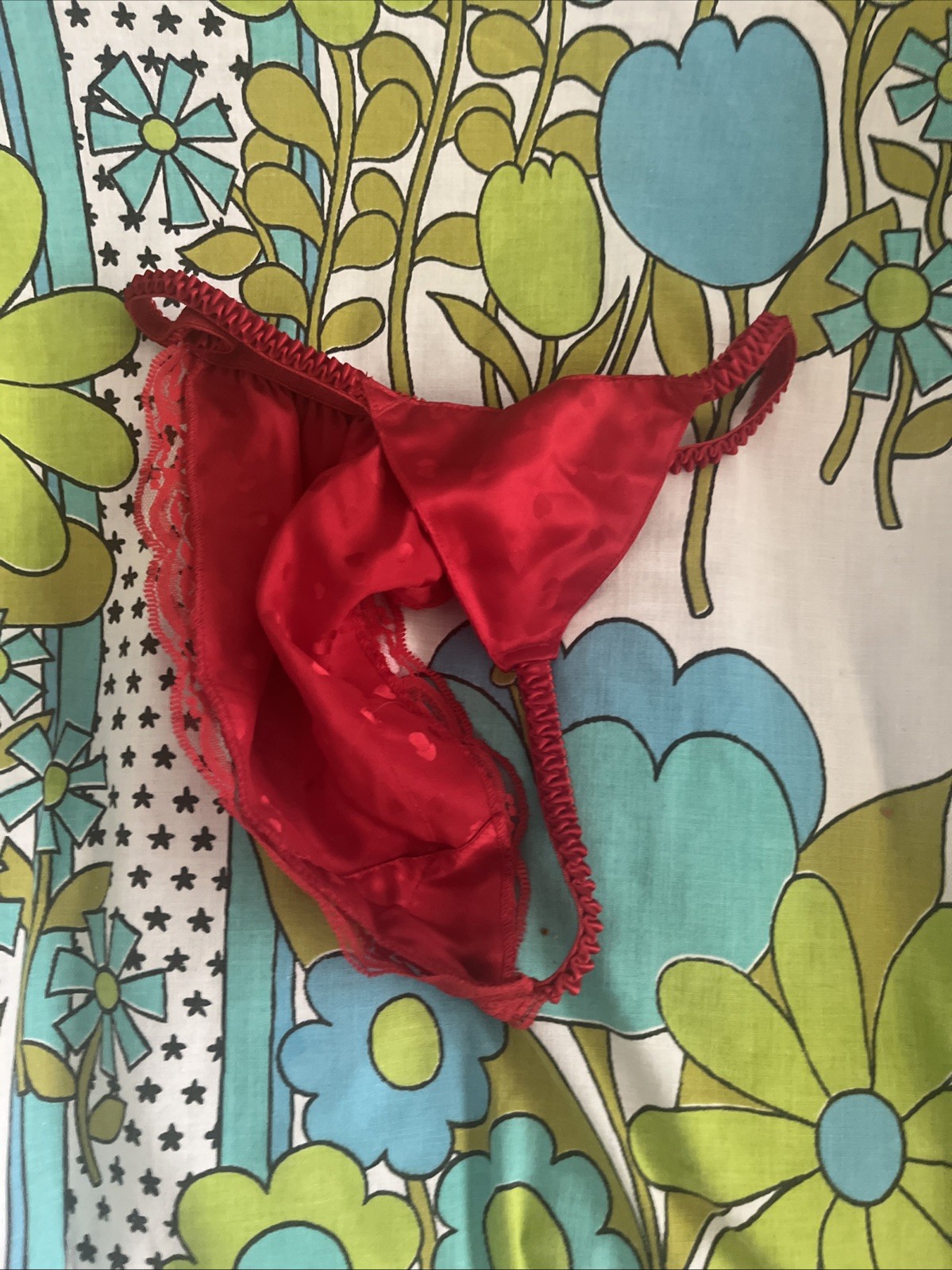 VTG Delicates 100% Silk Red Satin Thong Panties Second Skin Lace Hearts NWOT