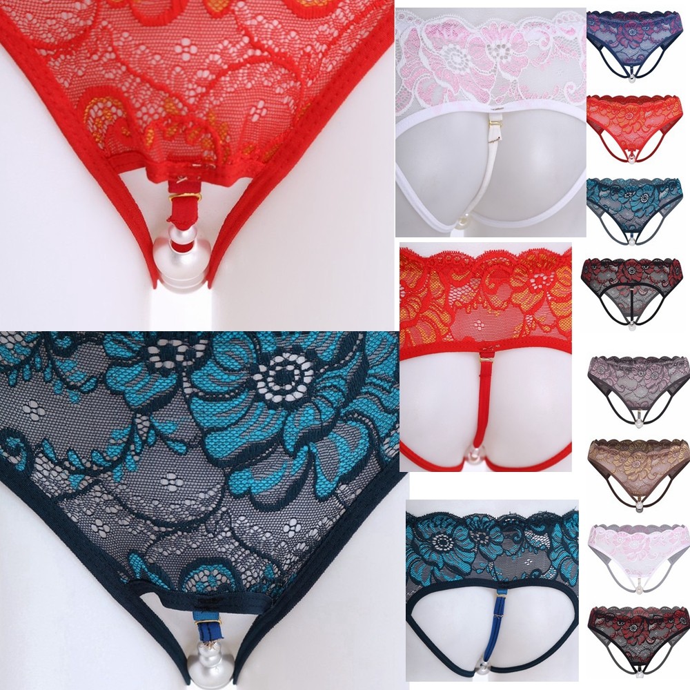 Womens Transparent Lace Trim Open Crotch Thong With Pearl Trim Hipster Underwear