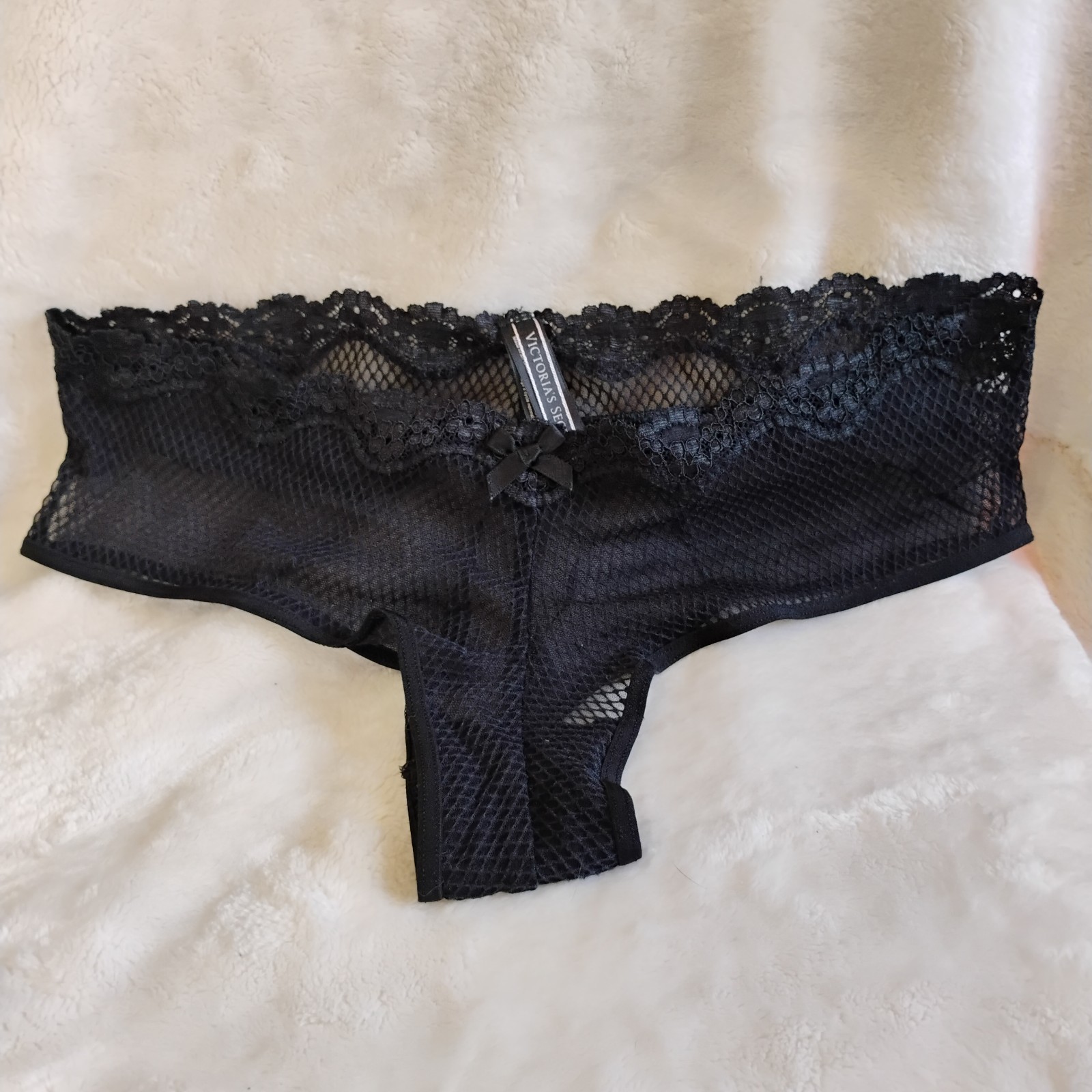 Victoria’s Secret Black Mesh Fishnet Cheeky Panty Size M 2015 Lace Ruffles