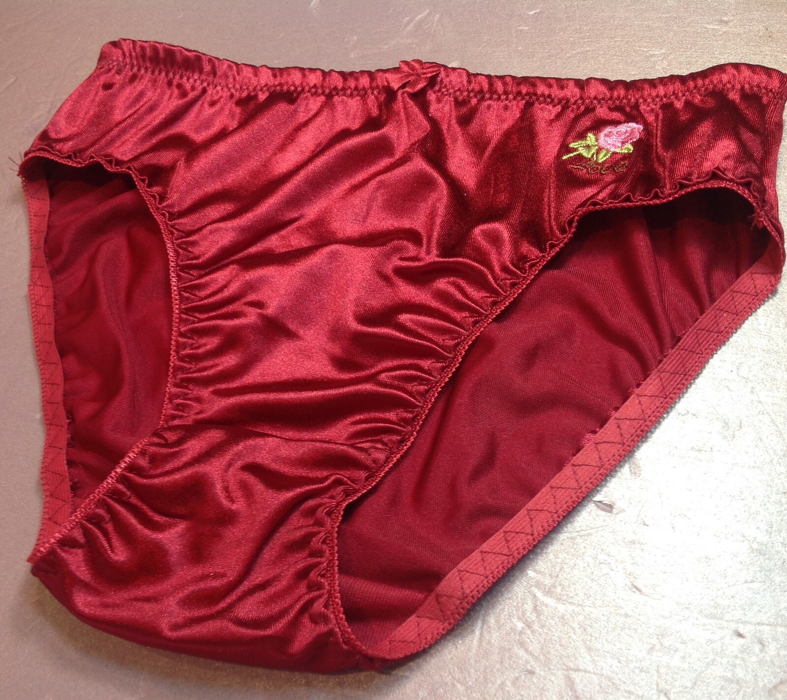 Women Panties Bikinis GRACE Size XL.Burgundy Silky Satin W/Decoration Elastic