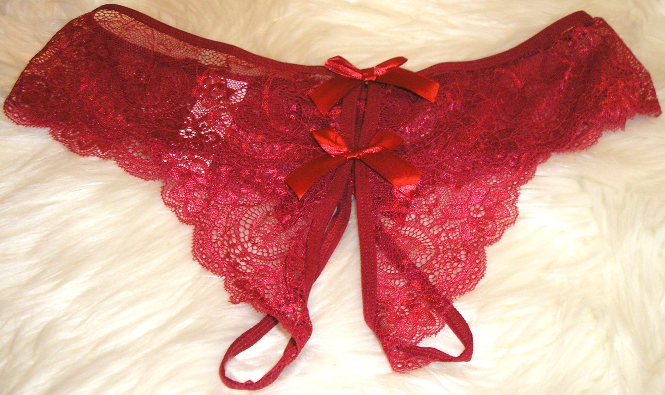 Panties Lingerie Bow Front & Back Red Wine Lace Crotchless, 0XL Adult Gift