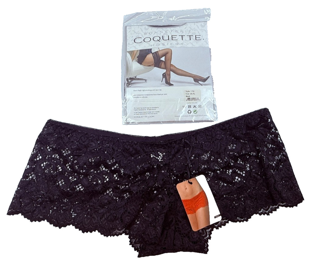 Coquette Lace Panty XL Thigh High Stockings Lace Top Black Lingerie Set NWT