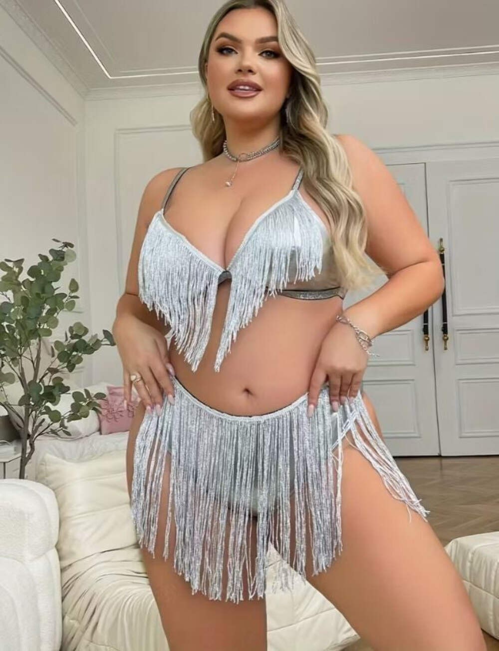 PVC feel Silver Fringe Lingerie Set Women Tassel Bra knickers Plus Size 2XL 20