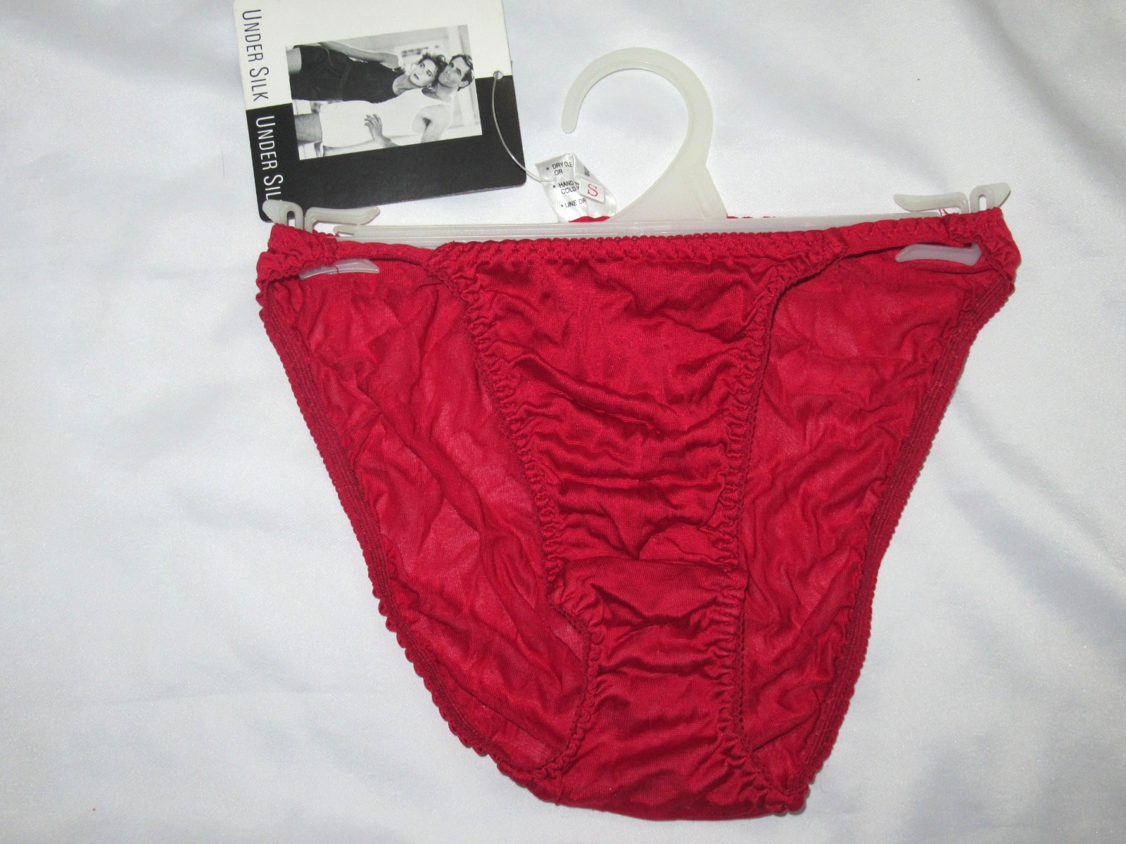 NWT UNDER SILK 1990 VINTAGE 100% SILK RED STRING BIKINI PANTIES sz S 28″ stretch