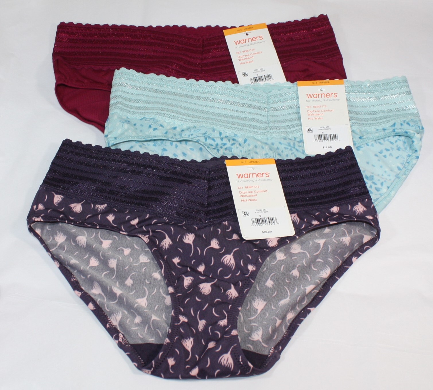 New set of 3 WARNER’S no muffin top HIPSTER panties WINE PURPLE PINK GREEN LEAF