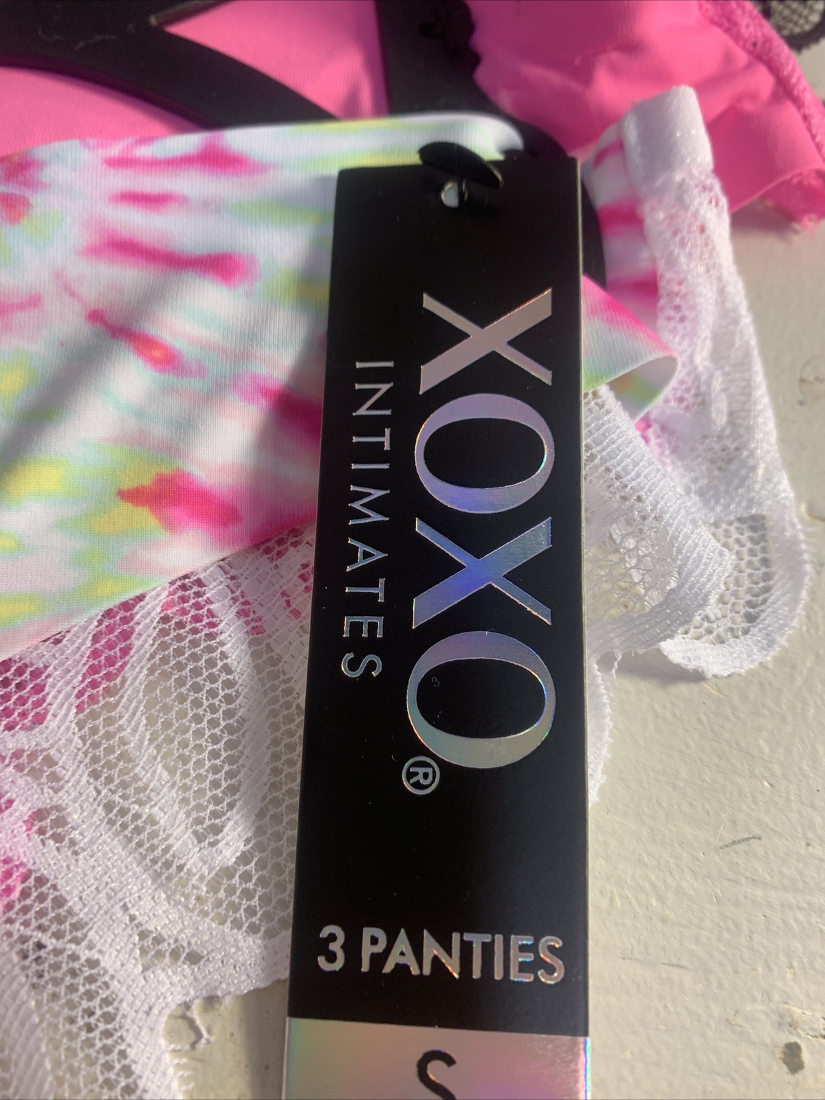 XOXO Bikini Panty Womens Sexy Underwear 3 Pack Small Pink Lace Tie Dye